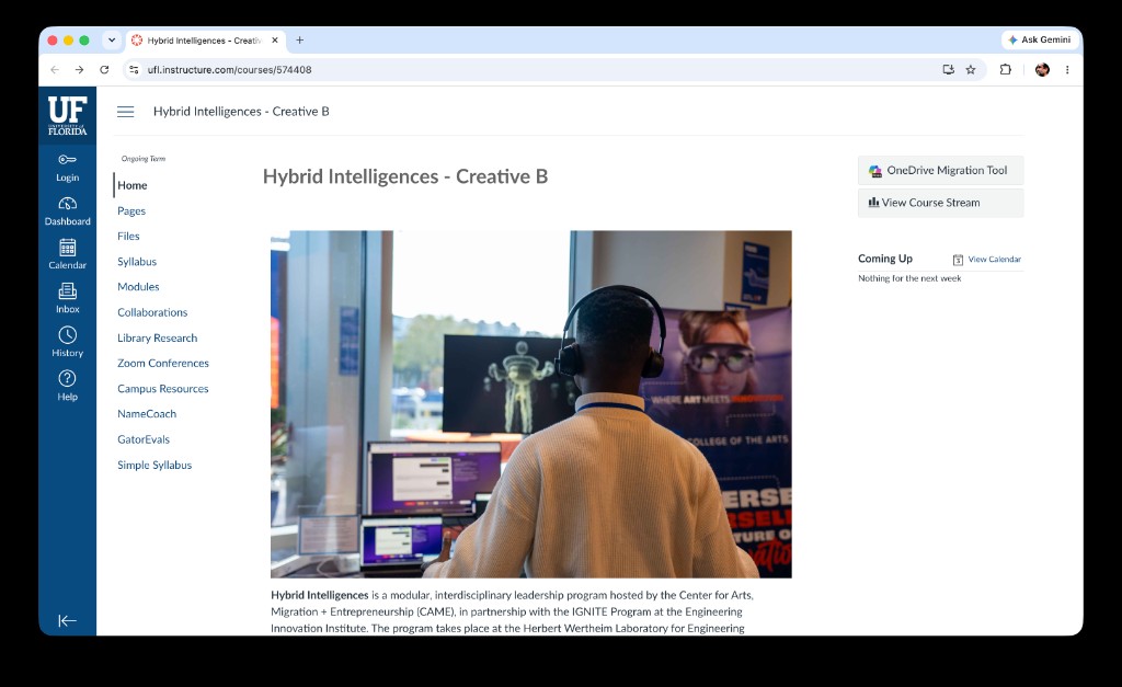 Canvas course home for Hybrid Intelligences - Creative B: a student at monitors in the Wertheim lab under a College of the Arts banner, Where art meets innovation.