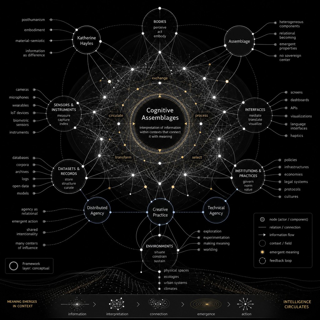 Diagram titled Cognitive Assemblages: a radial map of bodies, Katherine Hayles, sensors, datasets, environments, institutions, interfaces, and assemblage around a central hub.