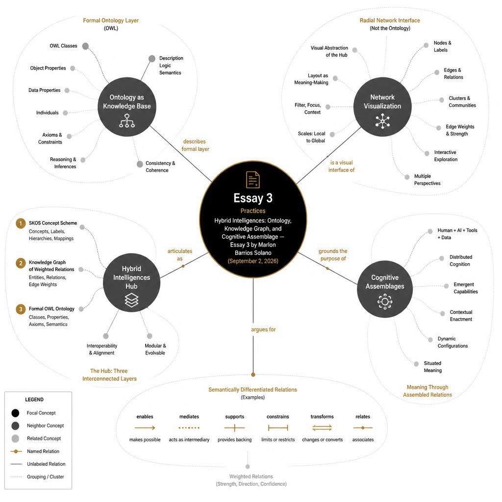 Diagram titled Essay 3: Practices — Hybrid Intelligences: Ontology, Knowledge Graph, and Cognitive Assemblage. Essay 3 at the center, with four clusters: Ontology as Knowledge Base, Network Visualization, Hybrid Intelligences Hub, and Cognitive Assemblages.