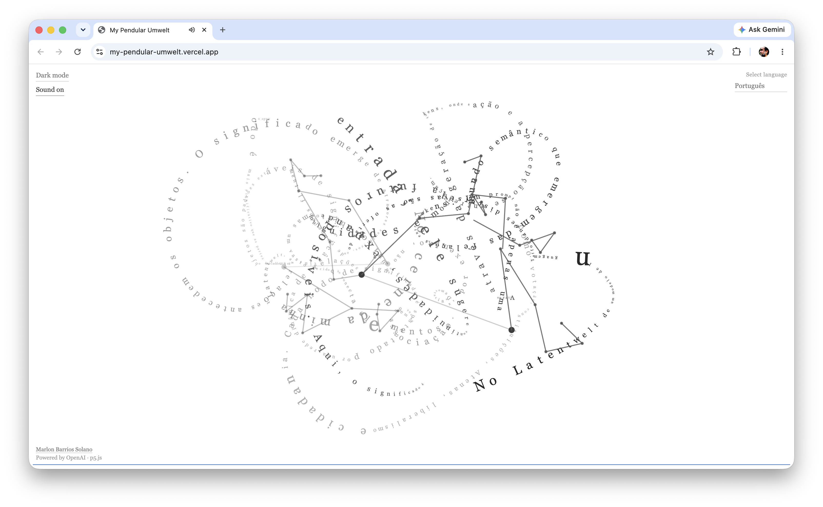 My Pendular Umwelt: branching pendulum trails inscribe generated text across a light field, with language, dark mode, and sound controls.