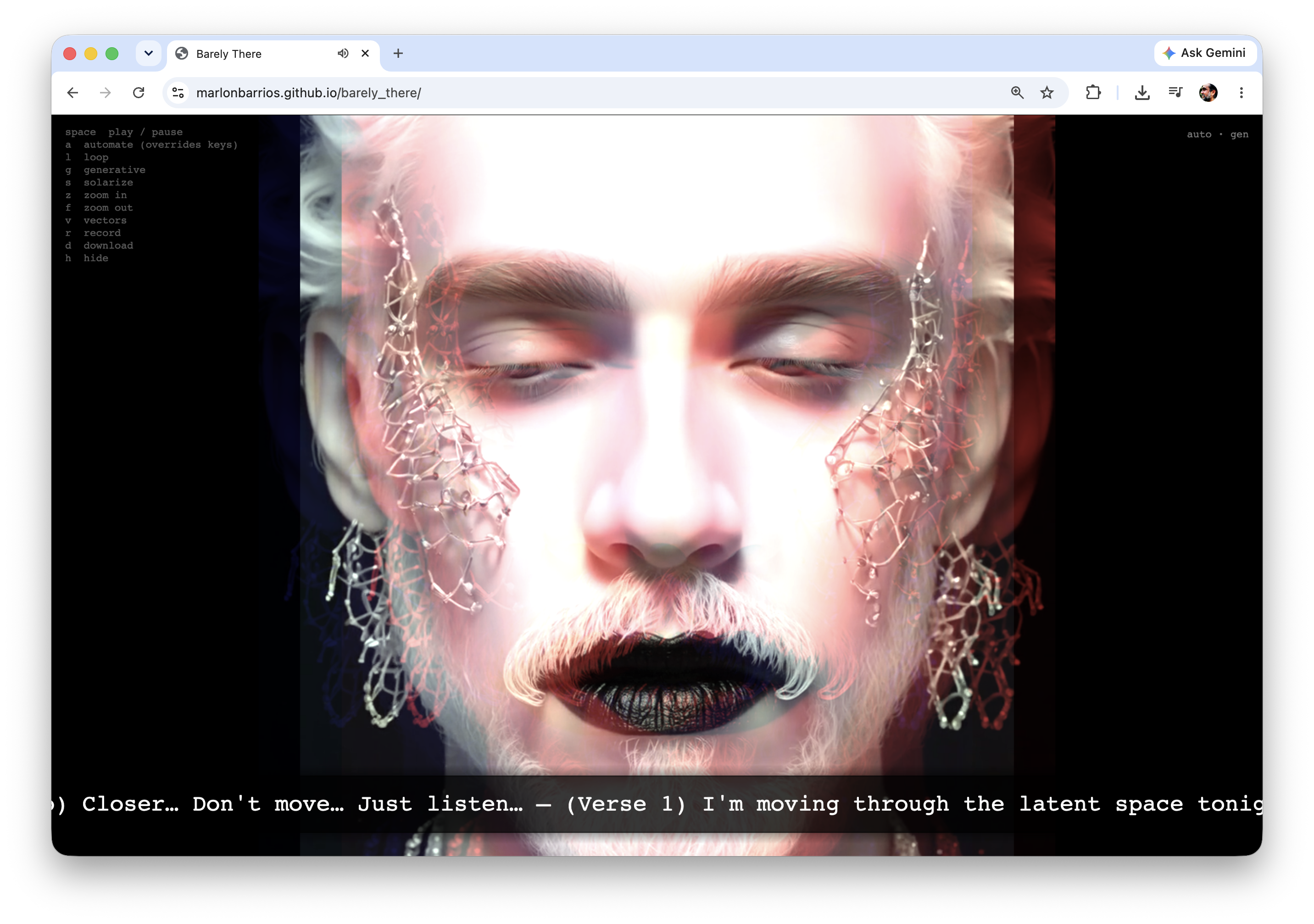 Barely There: a generated face with neural overlays and a lyric about moving through latent space.