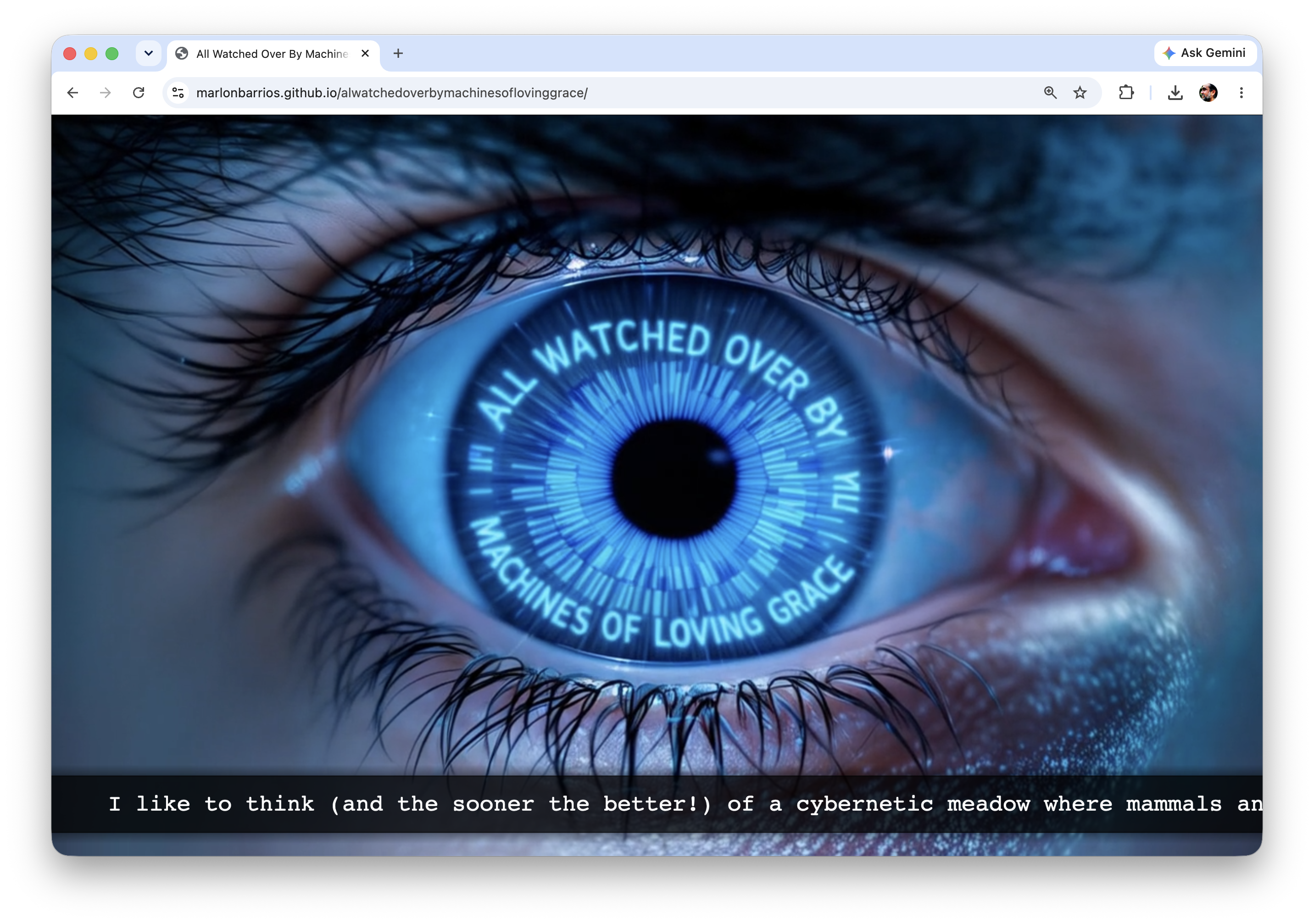 All Watched Over By Machines of Loving Grace: a close eye with the title set in the iris, and a line of Brautigan’s poem along the bottom.