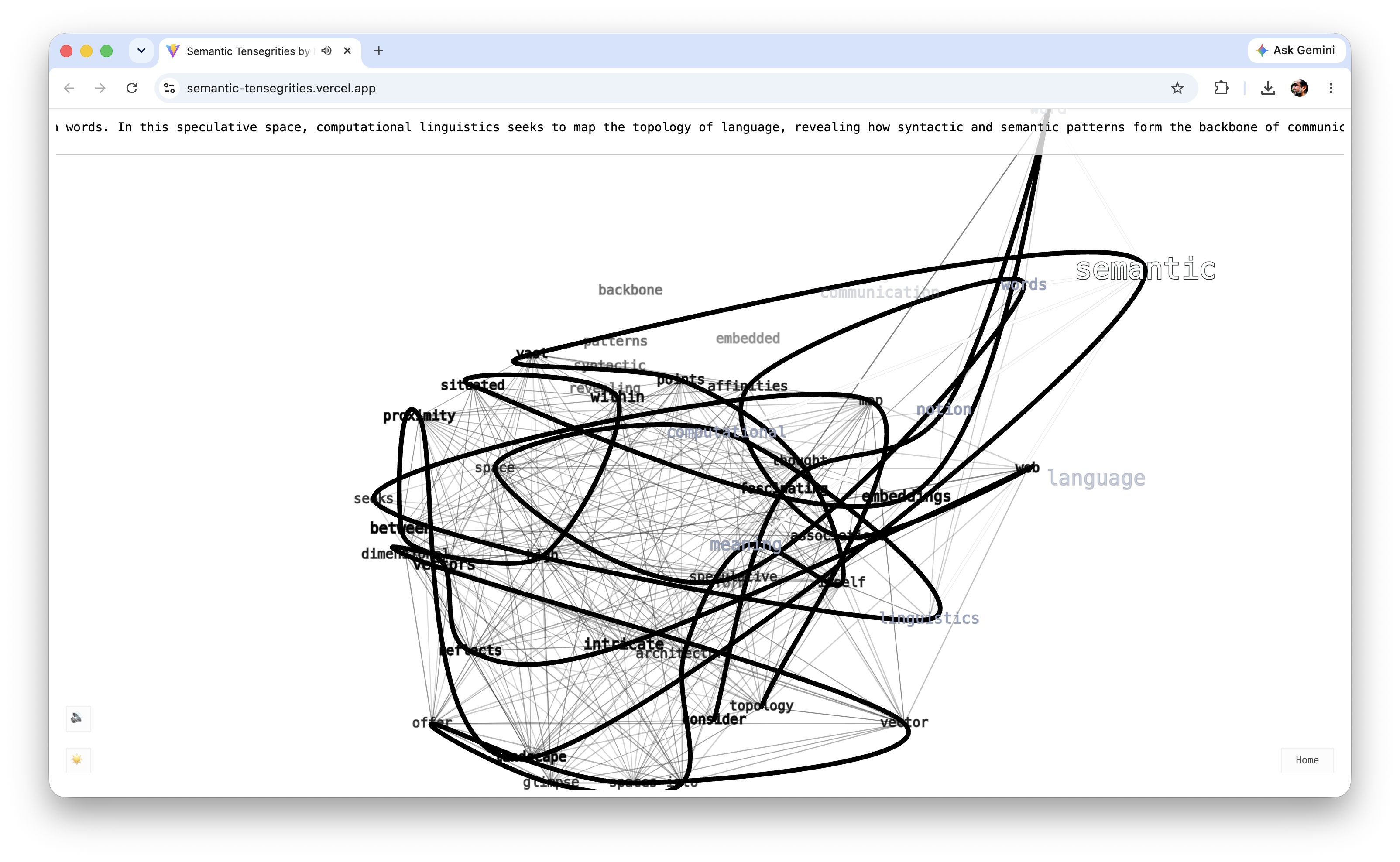 Semantic Tensegrities: a field of language terms held by a web of thin lines and thick gestural strokes.