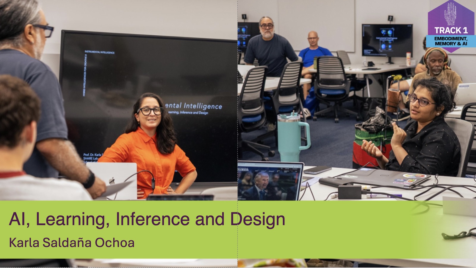 Photographs from a Creative B session: a seminar screen and participants around tables.