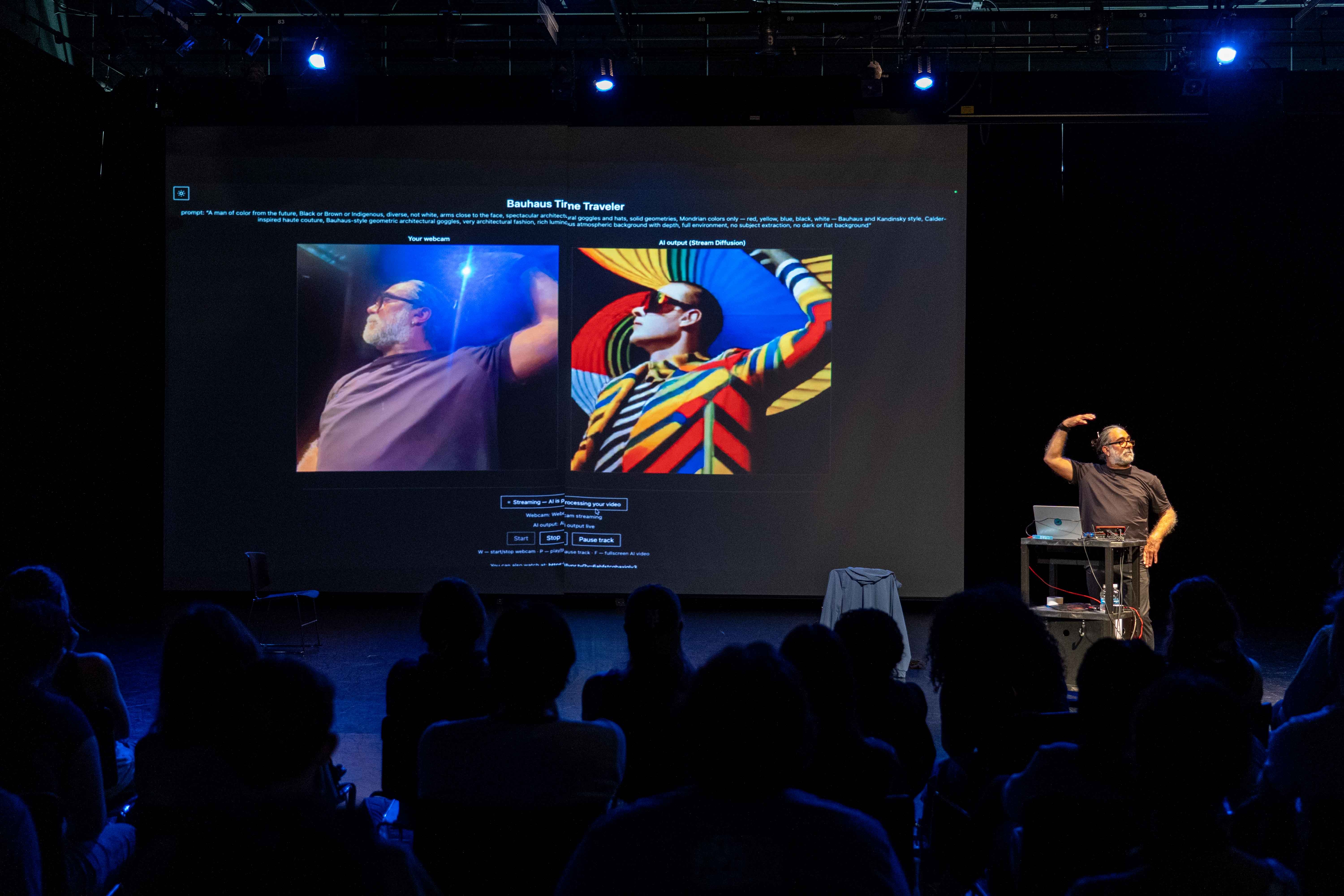 Born in Latent Space, lecture-performance at the School of Theatre and Dance, University of Florida, March 2026, photograph 2 of 6