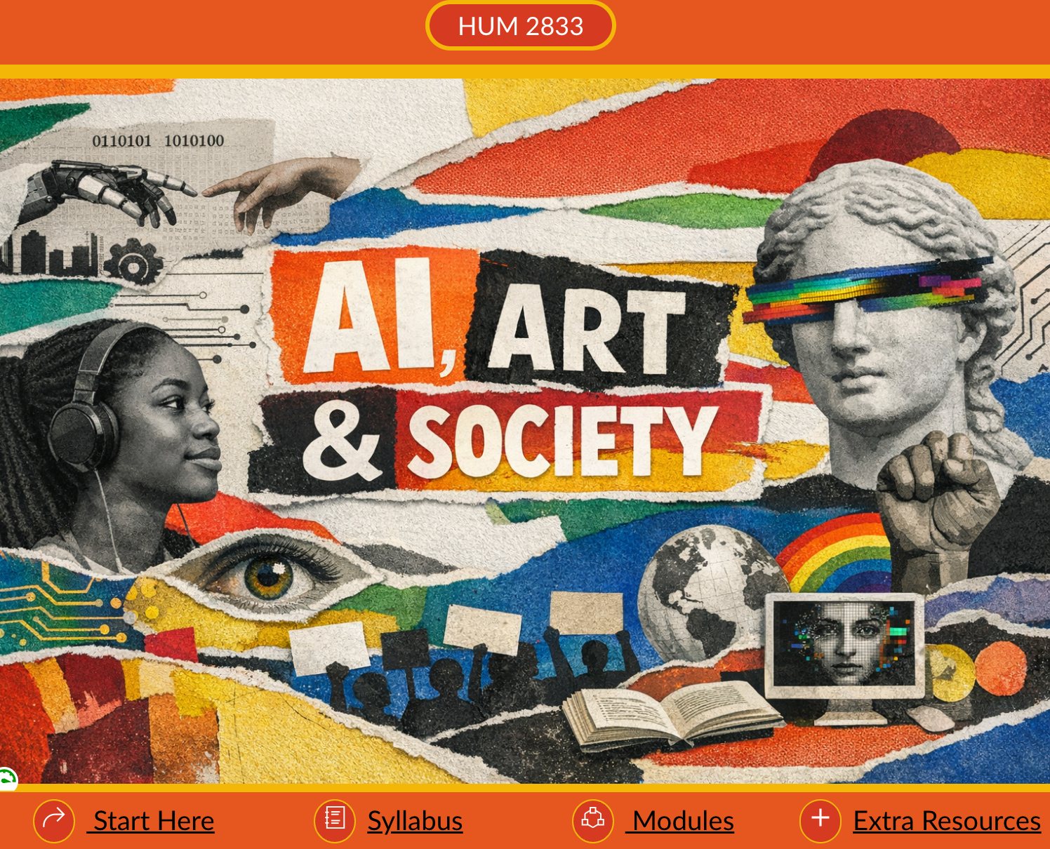 Course graphic for HUM 2833, AI, Art and Society: a collage with a classical bust in a pixel visor, a person in headphones, and a raised fist.