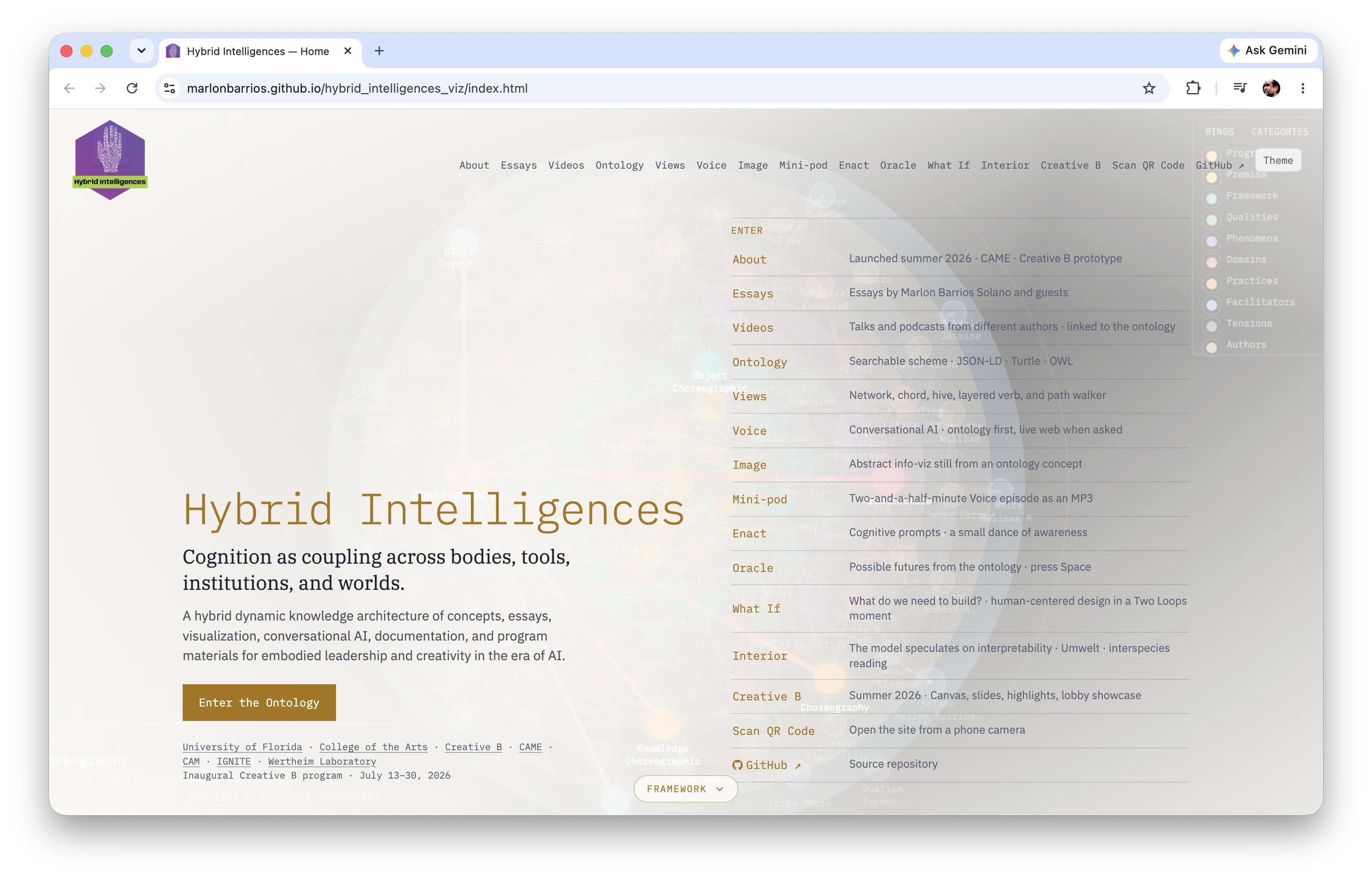 The Hybrid Intelligences website home, with the line Cognition as coupling across bodies, tools, institutions, and worlds.