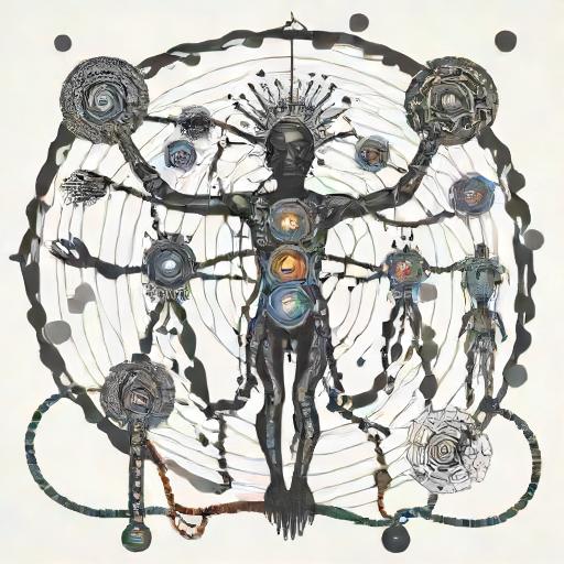 A generated figure with outstretched arms, holding spheres linked by cords inside a dark ring.