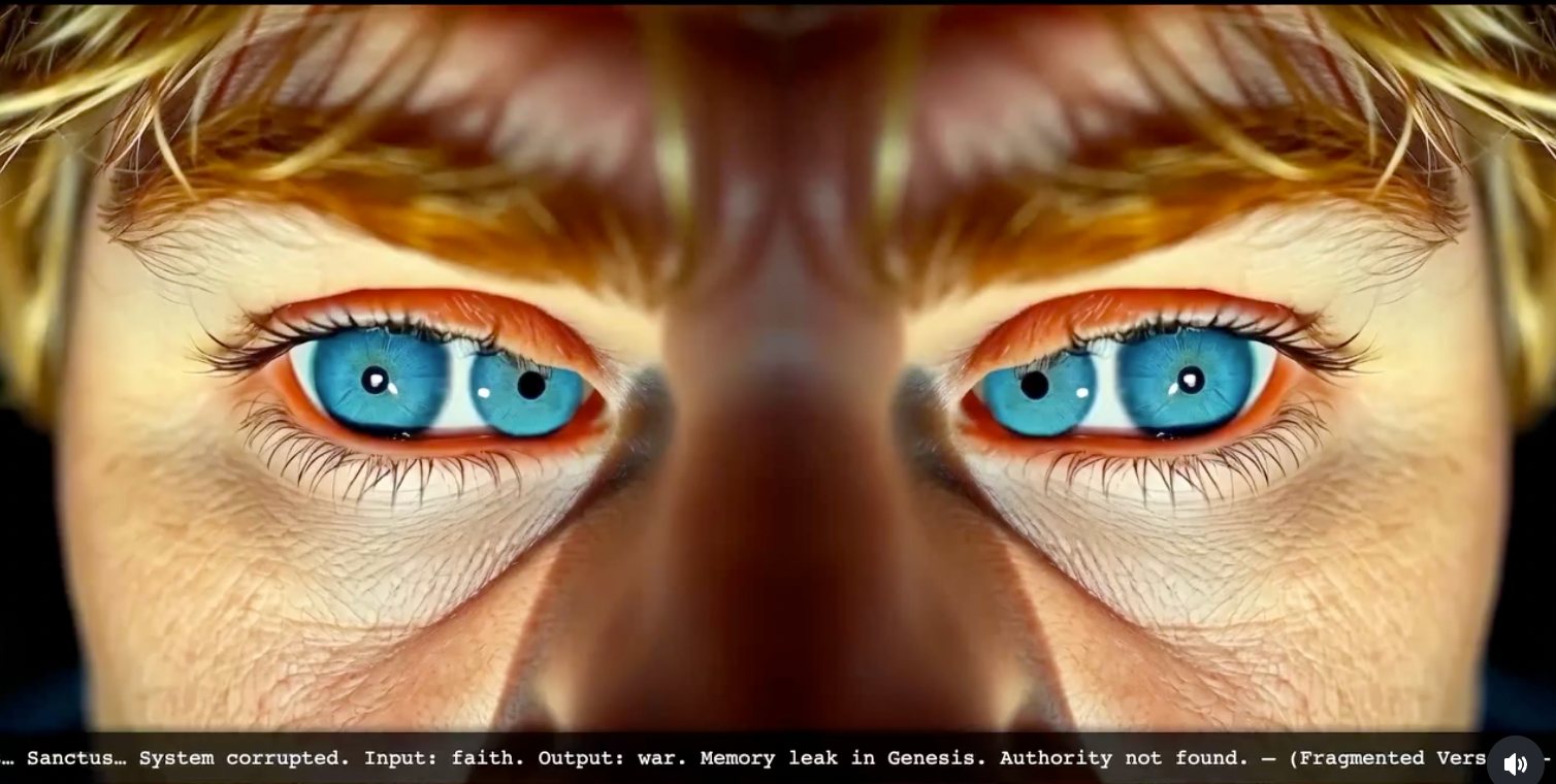 A mirrored close-up of a face with blue eyes, split down the center, above a line of broken hymn text.