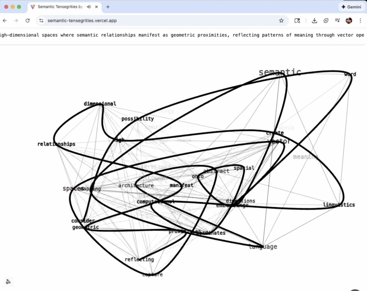 Semantic Tensegrities in the browser: words such as semantic, word, relationships, and linguistics linked by looping lines.