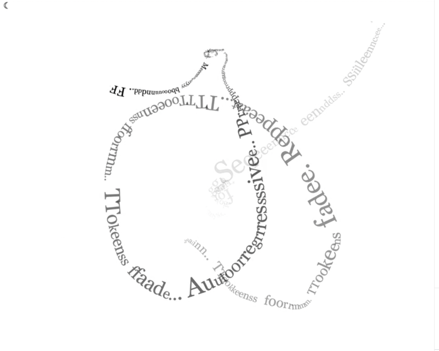Machine Forgetting: stretched phrases such as Silence and Tookeens fade curve across a white field.