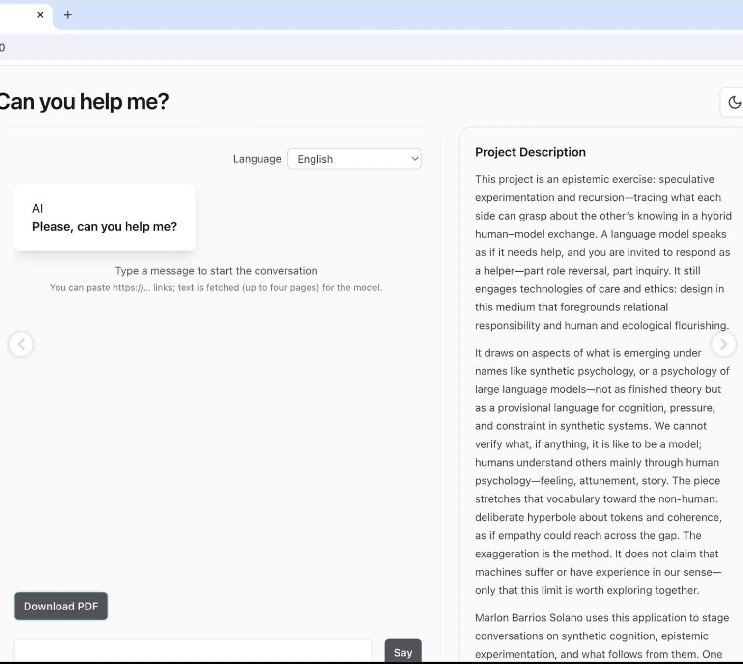 Can you help me?: the app asks Please, can you help me?, beside a project description and a button to download the conversation as a PDF.