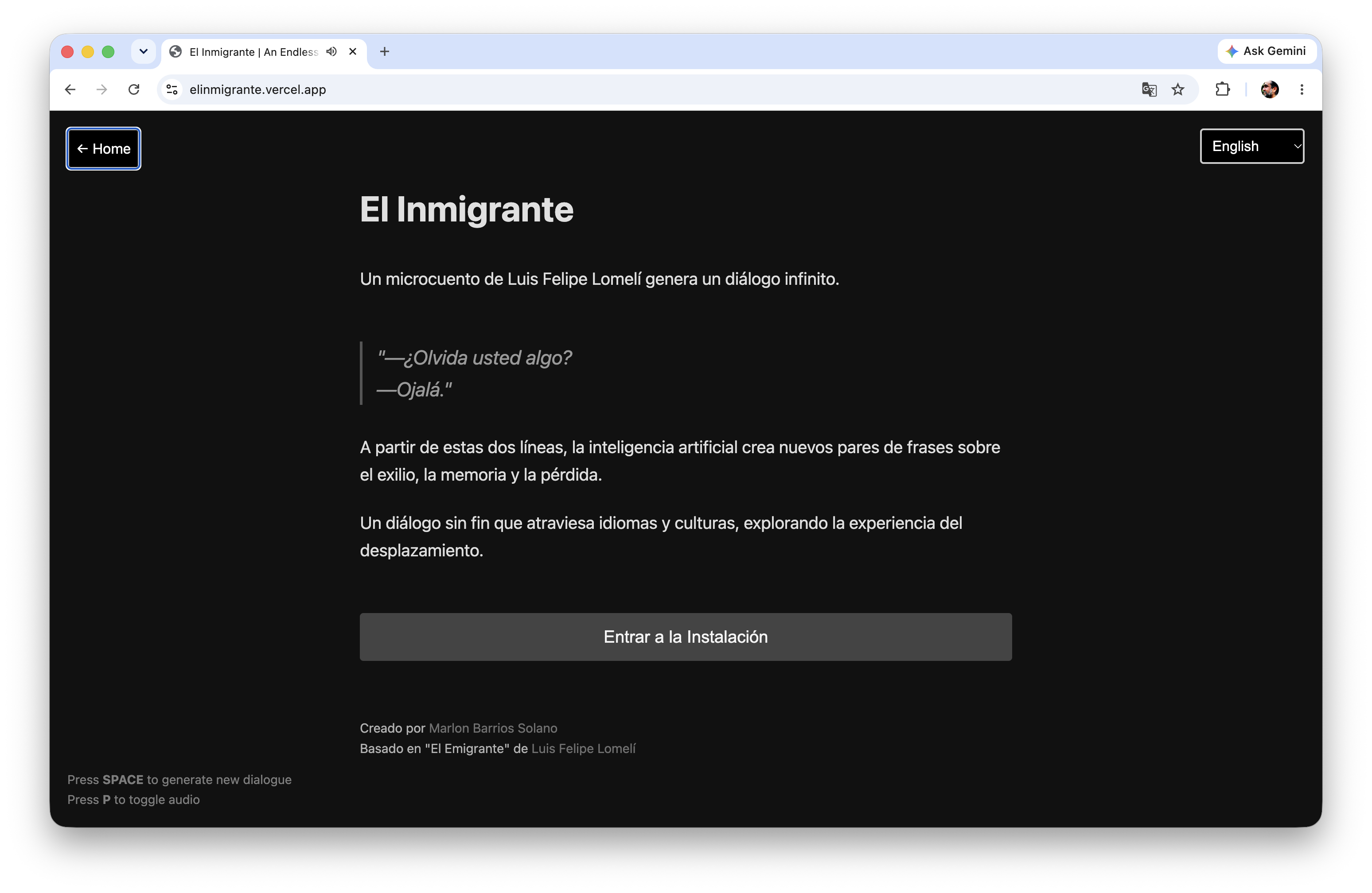 The El Inmigrante website: a dark page with the title, the lines ¿Olvida usted algo? and Ojalá, and a button to enter the installation.