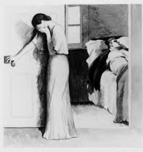 Thematic Apperception Test, Picture C, 1938: a woman stands at a door with her head in her hand, and a man lies on a bed.