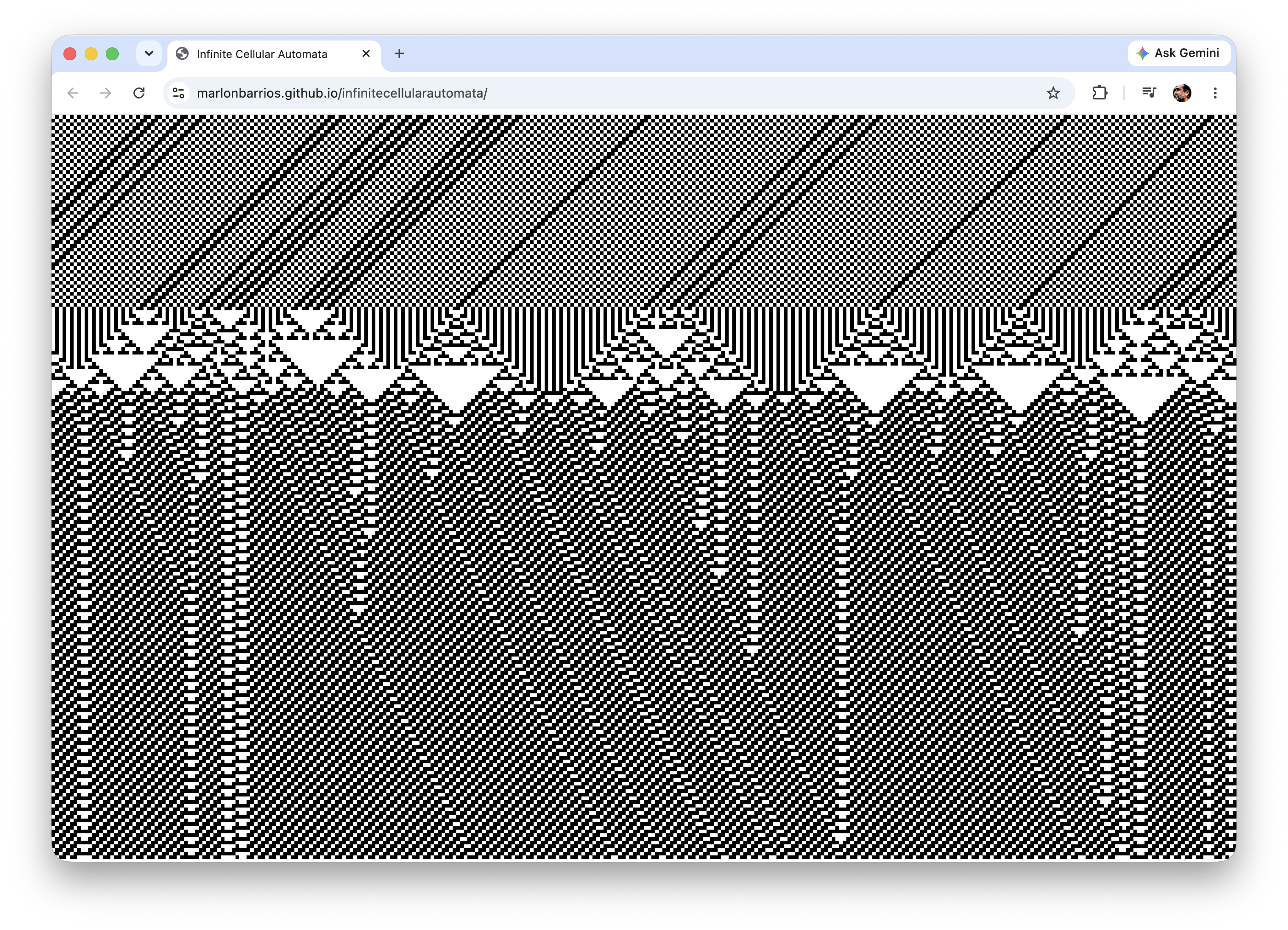 Infinite Cellular Automata, a field of black and white triangular patterns
