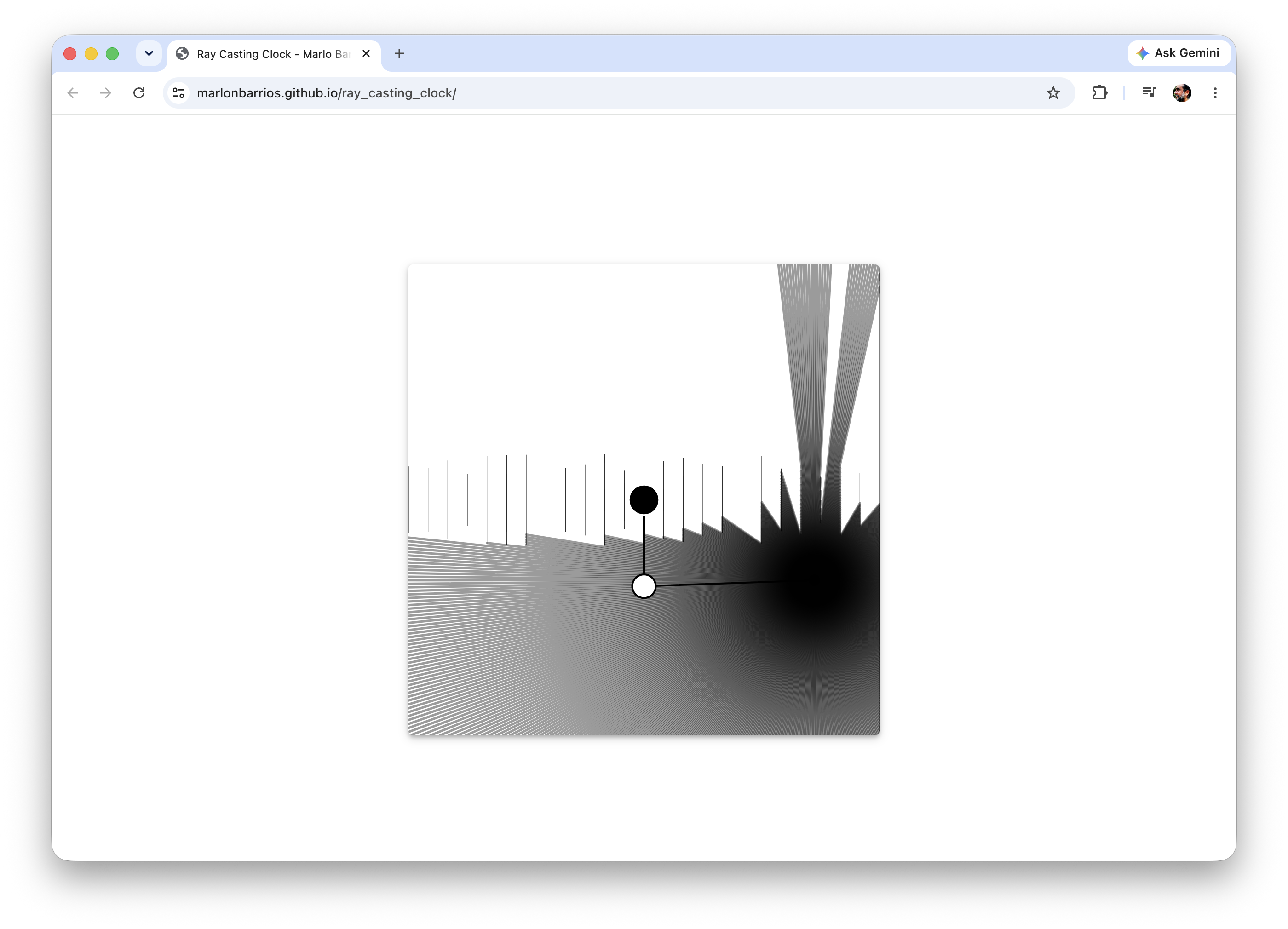 Ray Casting Clock, a black and white generative clock