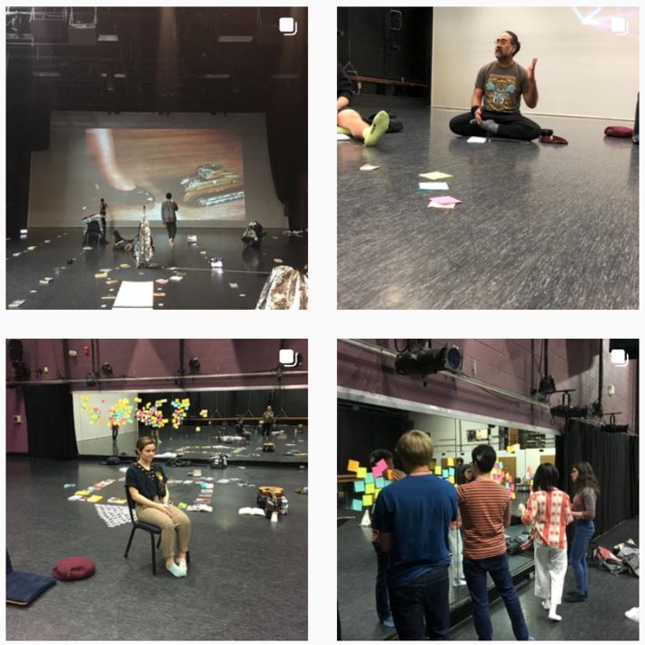 Four views of UnstableLandscapes at Connecticut College in 2020: a projected stage, a seated conversation, notes across the floor, and a group at the mirror.